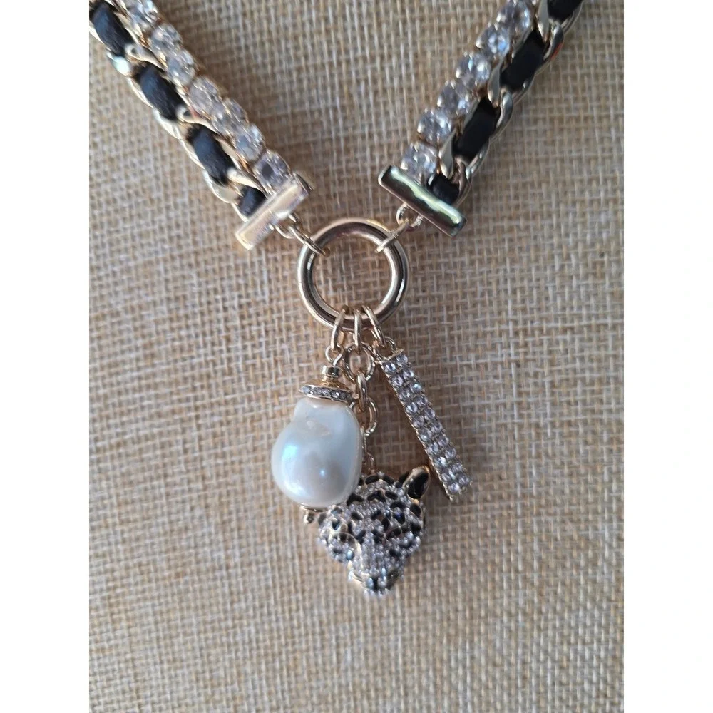 White House Black Market Leopard Pearl Rhinestone Multi Strnd Necklace Gold Tone